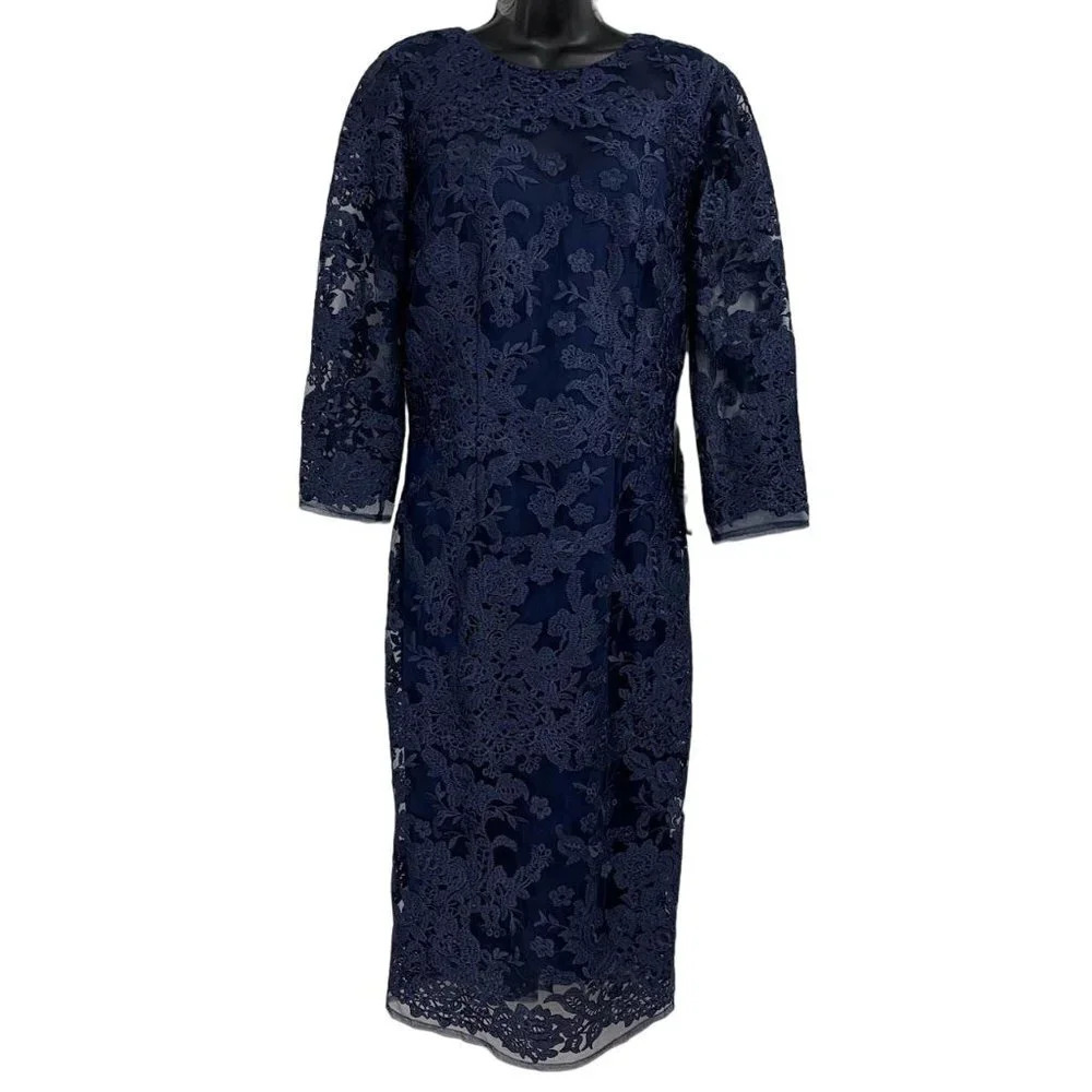JS Collections Women's Embroidered Lace Sheath Dress 866553 In Navy Size 6 NWT